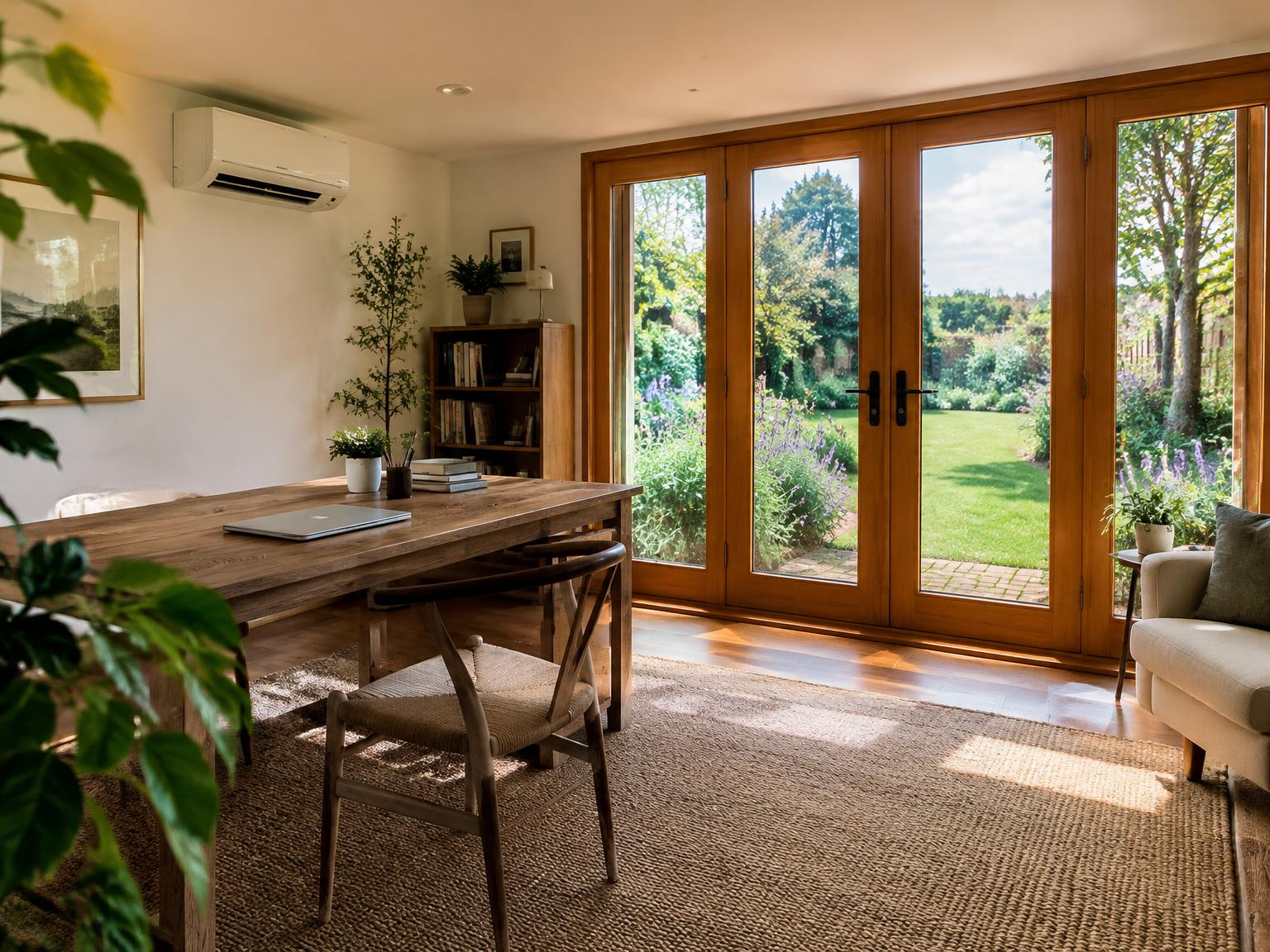 Bright garden studio interior with a wall-mounted air conditioning unit above the desk