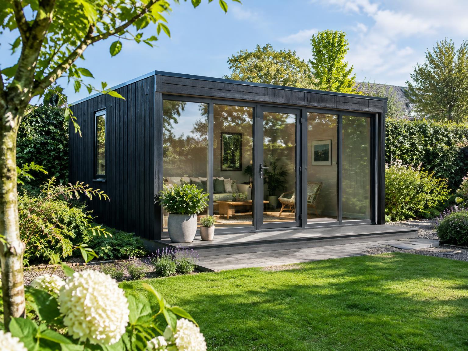Contemporary dark-clad summerhouse with large glazed front in a sunny garden